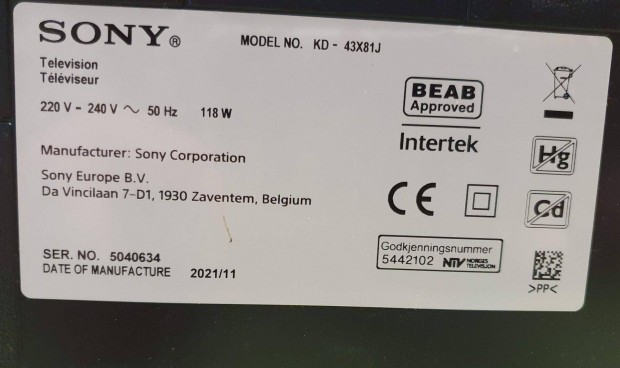 Sony KD-43X81J LED LCD tv hibás törött alkatrésznek