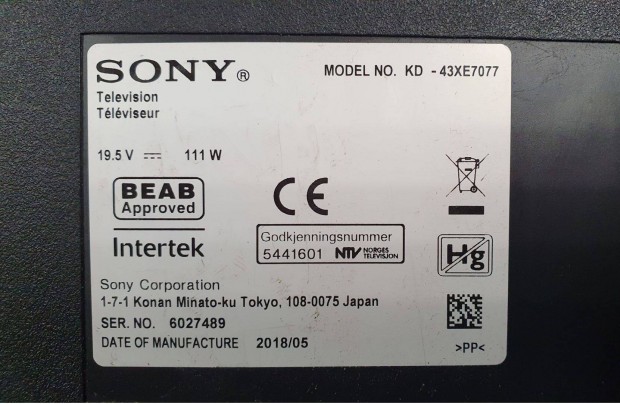 Sony KD-43XE7077 Smart LED tv hibs trtt alkatrsznek 04.03