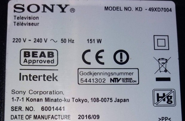 Sony KD-49XD7004 LED LCD trtt tv panelek alkatrsznek