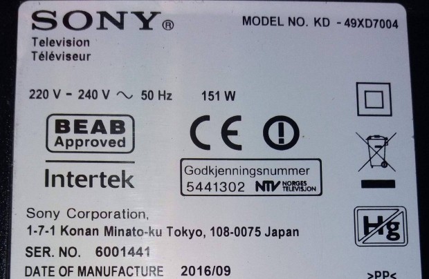 Sony KD-49XD7004 LED trtt tv panelek alkatrsznek. Maimboard elkelt