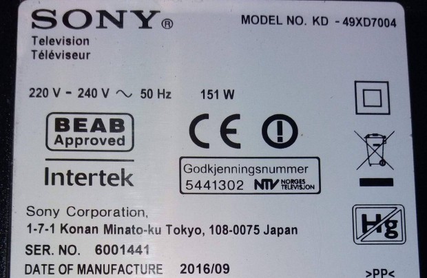 Sony KD-49XD7004 LED trtt tv panelek alkatrsznek. Maimboard elkelt