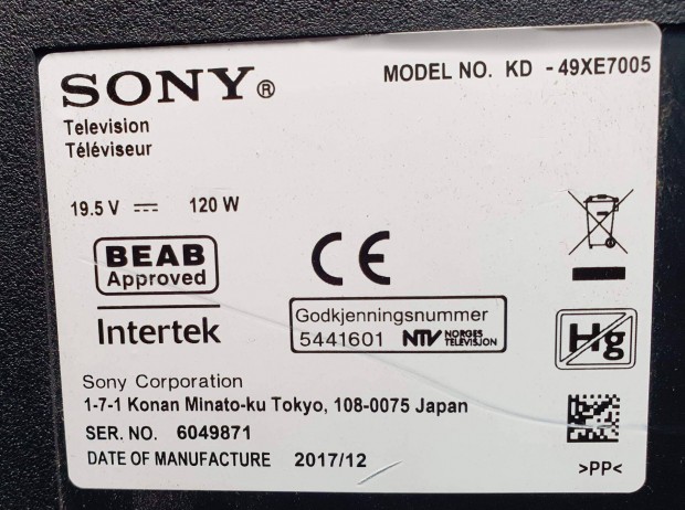 Sony KD-49XE7005 LED LCD tv hibs trtt alkatrsznek