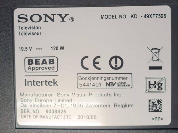 Sony KD-49XF7596 LED LCD tv hibs trtt alkatrsznek