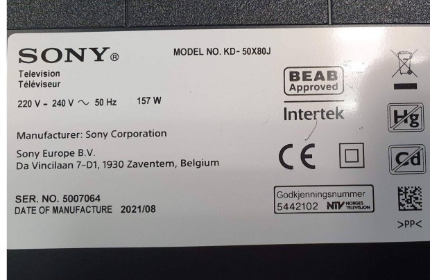 Sony KD-50X80J LED tv hibs trtt alkatrsznek Mainboard elkelt