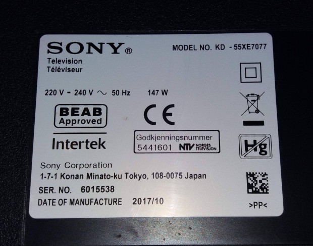 Sony KD-55XE7077 4k UHD tv hibs trtt alkatrsznek mainboard elkelt!