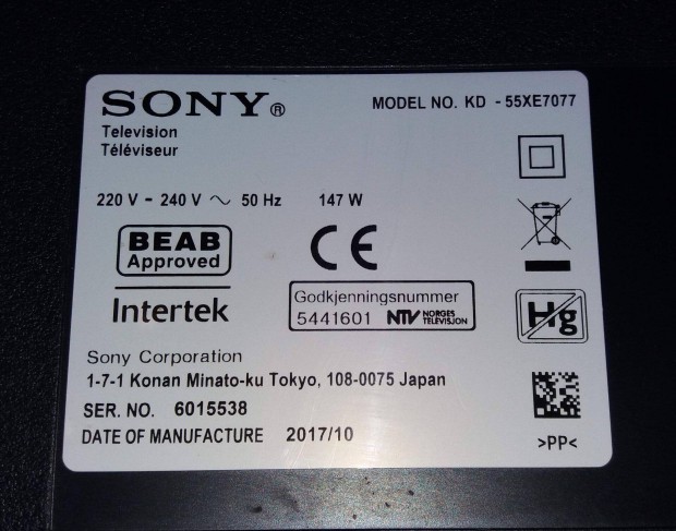 Sony KD-55XE7077 4k UHD tv hibás törött alkatrésznek mainboard elkelt!
