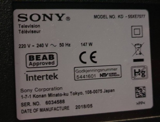 Sony KD-55XE7077 LED LCD tv hibs trtt alkatrsznek