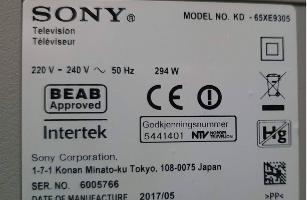 Sony KD-65XE9305 4K UHD Android tv hibs trtt alkatrsznek 165cm