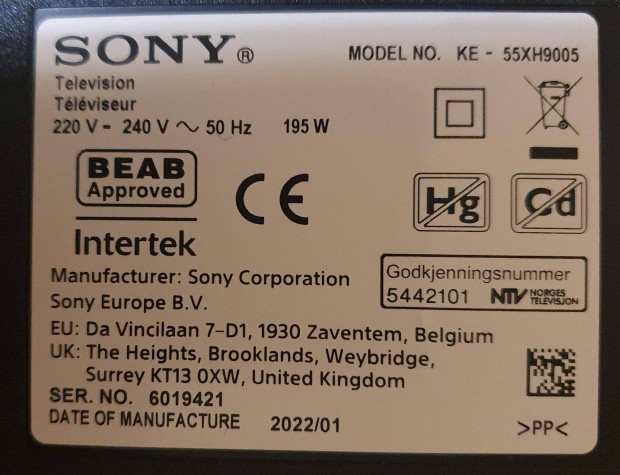 Sony KE-55Xh9005 android LED tv hibs trtt alkatrsznek