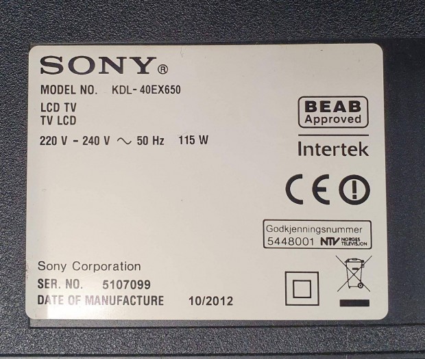 Sony Kdl-40EX650 LED LCD tv kijelz hibs,nem trtt