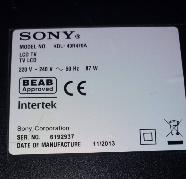 Sony Kdl-40R470A LED LCD trtt tvbl tpegysg panel Main elkelt!