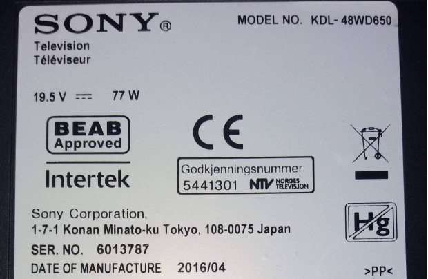 Sony Kdl-48WD650 LED LCD tv httr vilgts alkatrsznek