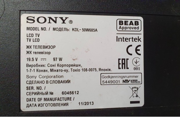 Sony Kdl-50W685A LED LCD tv hibs trtt alkatrsznek 2