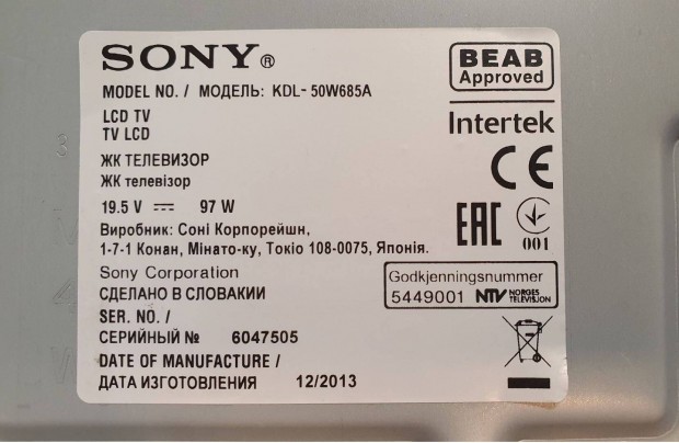 Sony Kdl-50W685A LED TV panelek alkatrsznek