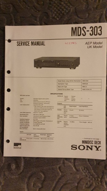 Sony MDS-303 Minidisc eredeti Service manual szerviz gpknyv