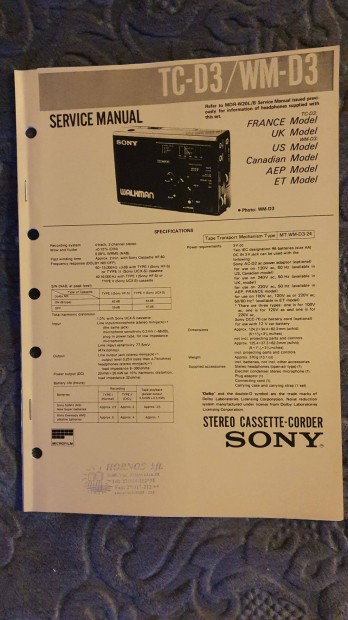 Sony TC-D3 WM-D3 eredeti Service manual szerviz gpknyv
