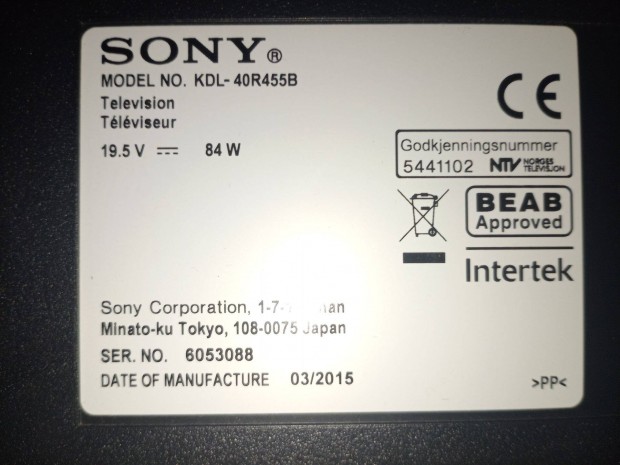Sony (Kdl-40R455B) 102 cm-es led tv alkatrsznek elad.Kijelz trtt!
