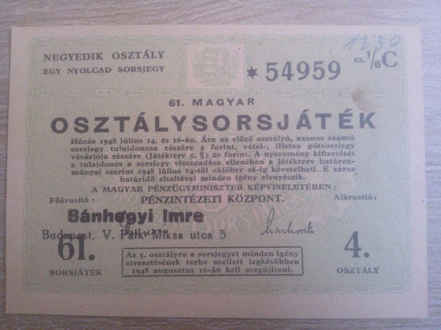 Sorsjegy 1948-bl! Osztlysorsjtk, szp llapotban!