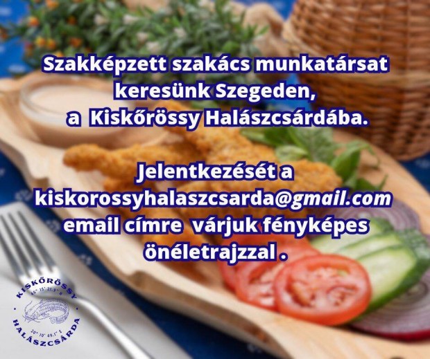 Szakképzett szakácsot keresünk Szegeden, a Kiskőrössy Halászcsárdába