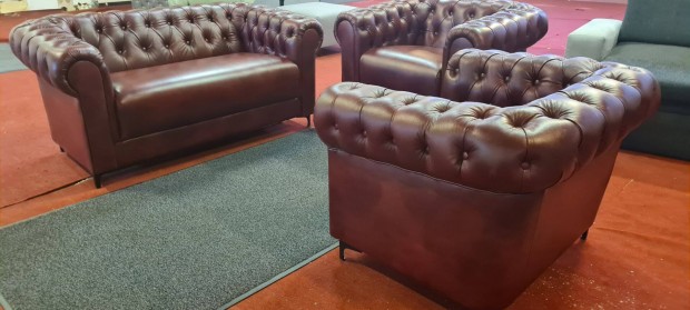 Szééép és új bordó chesterfield valódi bőr kanapé +2 fotel 849eft