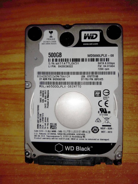 Szektorhibs WD Black 2.5" 500GB WD5000Lplx HDD merevlemez
