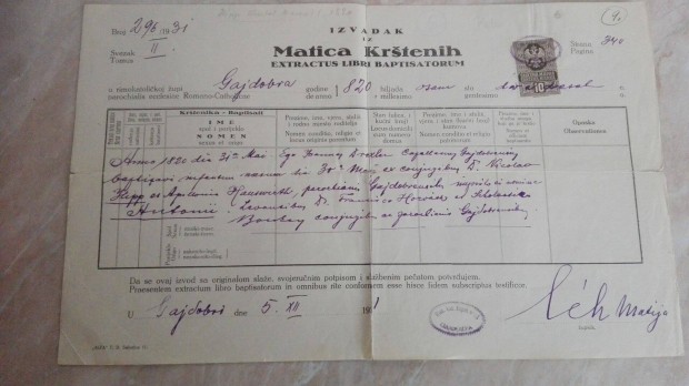 Szerb Kirlysgbeli keresztlevl 1931-es