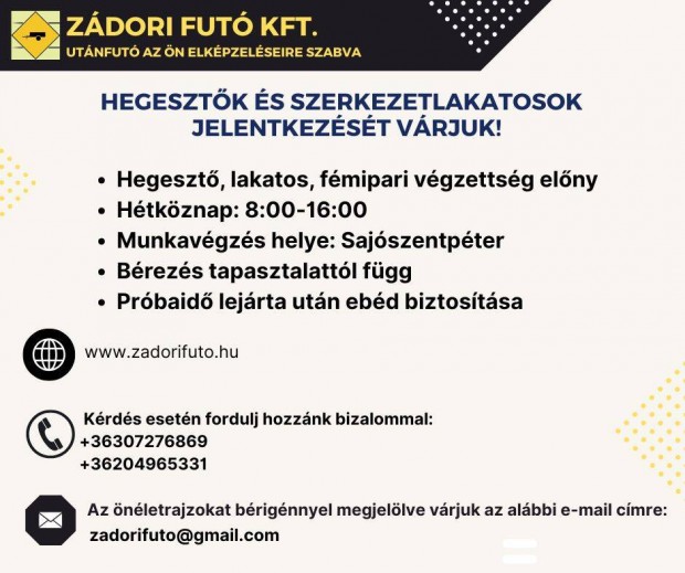 Szerkezetlakatos és Hegesztők jelentkezését várjuk