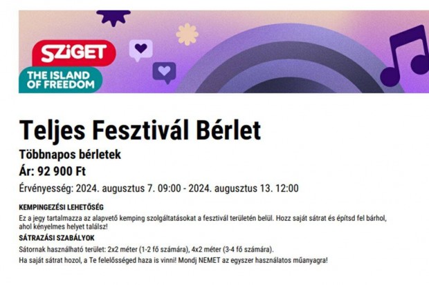 Sziget Fesztivl felntt heti brlet Super Early Bird ron