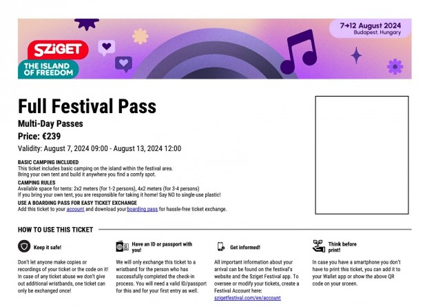 Sziget Fesztivl teljes fesztivlbrlet