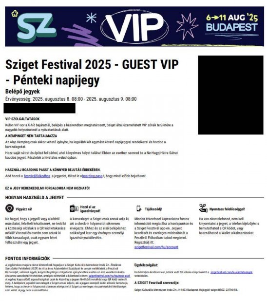 Sziget VIP pénteki (08.08.) napijegy 1 db