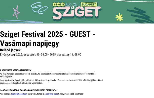 Sziget jegyek vasárnapra
