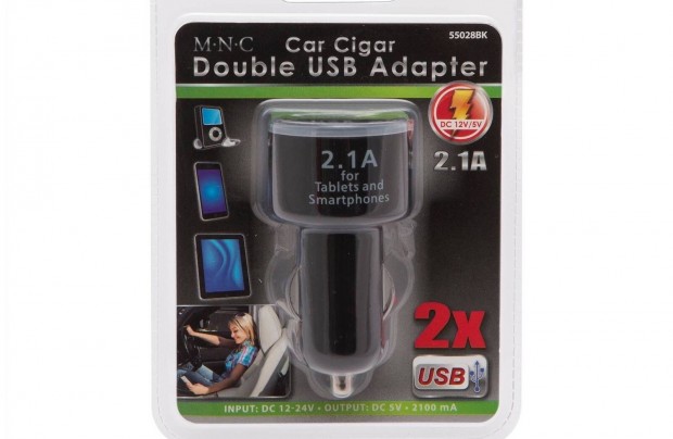 Szivargyjt adapter auts LED -es tlt dupla USB 2100mA 5V fekete