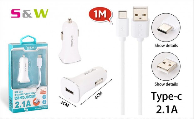 Szivargyjt tlt adapter 1db USB csatlakozval + 1m-es 2.1A USB - T