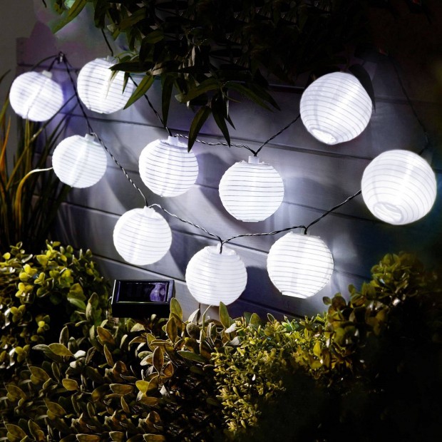 Szolár lampion Fényfüzér - 10 db fehér lampion, hidegfehér LED - 3,7 m