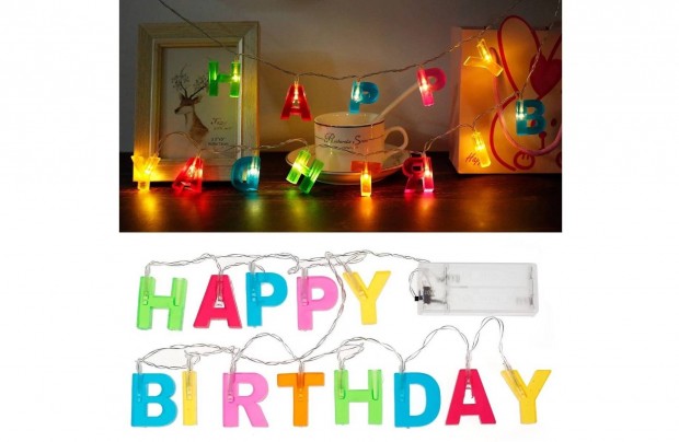 Születésnapi Happy Birthday LED-es fényfüzér - 13 LED - 2 x AA