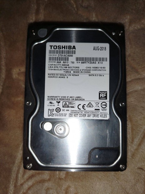 TOSHIBA DT01ACA050 - SATA-3 - 500GB (3.5 colos asztali hdd)100/100