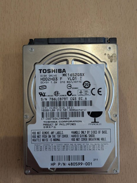 TOSHIBA MK1652Gsx HDD merevlemez SATA 100/100 160 GB 2,5"