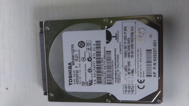 TOSHIBA MK5061Gsyn 500 GB HDD, winchester Garancia 3 hnap, fs r