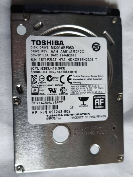 TOSHIBA MQ01ABF050 500GB-os 2.5" notebook HDD 100/100 elad!