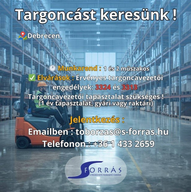 Targoncavezet�t keres�nk Debrecenbe