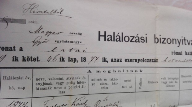 Tatai Rmai Katolikus Plbnia 1877-es Halotti bizonytvnya