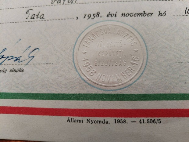 Tatai vlasztkerlet Bizotsgi Megbzlevl 1958-as