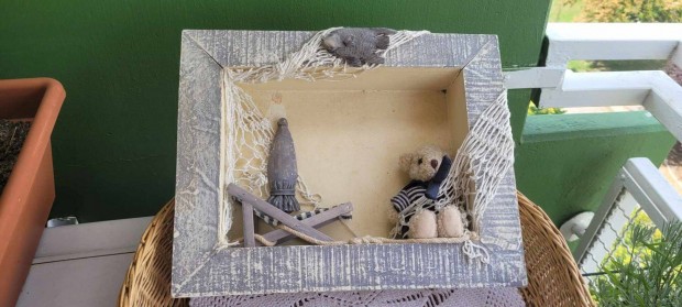 Teddy maci Beach témájú fa keretes 3D jelenetes fali dekoráció