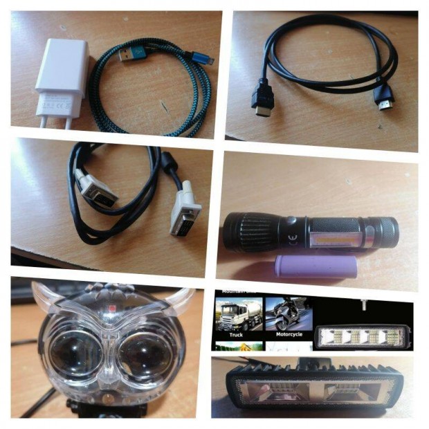 Telefontlt,HDMI kbel, zseblmpa,baglyos lmpa s 12v reflektor