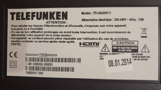 Telefunken TFL40200B13 LED tv hibs alkatrsznek 17IPS19-4