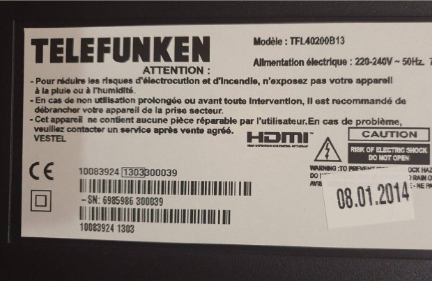 Telefunken TFL40200B13 LED tv hibs alkatrsznek 17IPS19-4