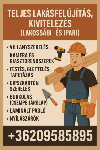 Teljes lakásfelújítás (lakossági és ipari) Villanysz,Festés,Burkolás