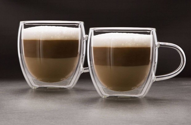Termo 2 darab pohár duplafalú üveg csésze cappuccino kávé - 250 ml
