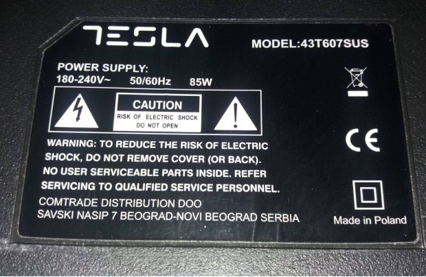 Tesla 43T607SUS LED LCD 4K UHD tv hibs trtt alkatrsznek Smart