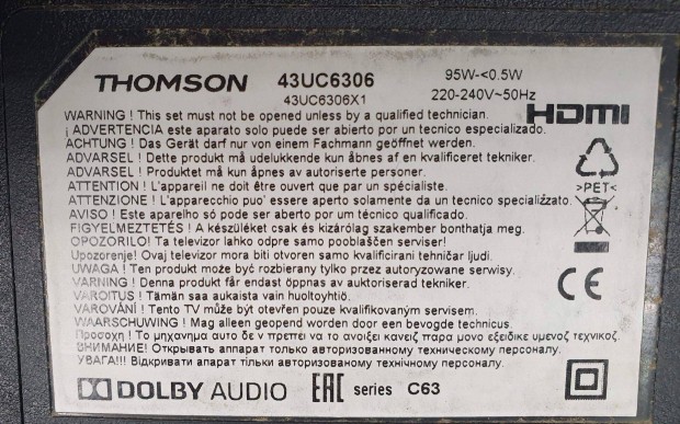 Thomson 43UC6306 LED LCD tv hibs trtt alkatrsznek tp,tcon elkelt